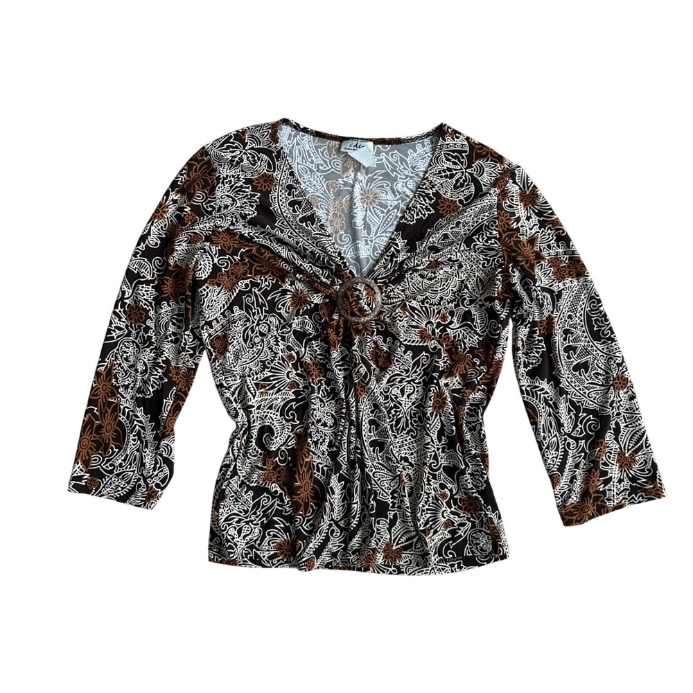 Vintage Paisley V-Neck Ring Top Brown White Medium boho hippie festival